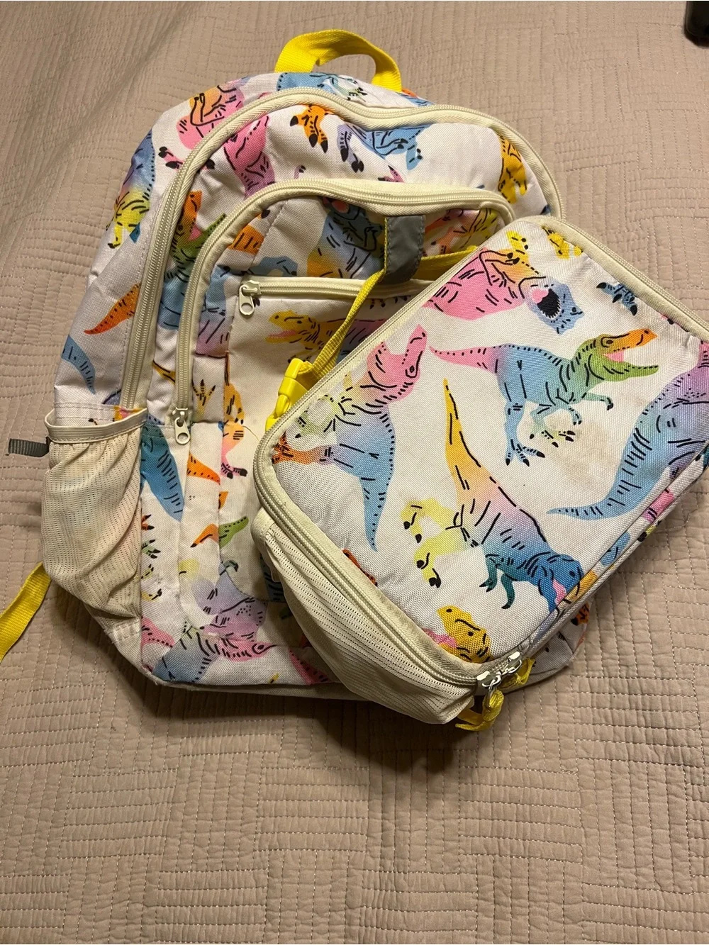 Kids Dino Print Backpack in Yellow Accent and lunchbox